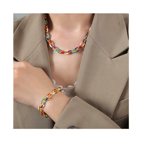 Dainty Ladies Colorful Enamel Necklace Bracelets Waterproof Jewelry 18K Gold Plated Stainless Steel Thick Chain Jewelry Sets