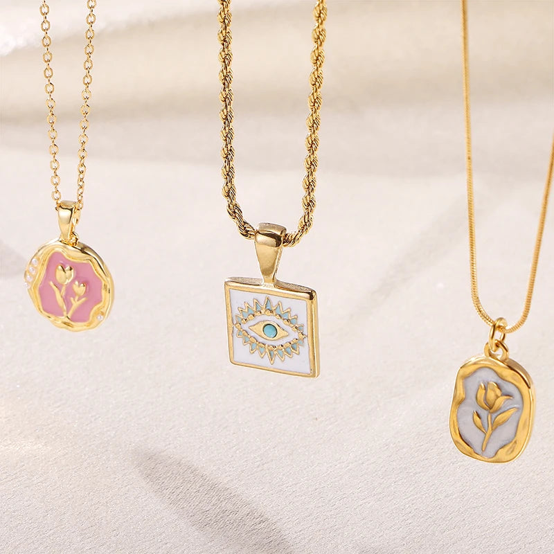 18K Gold Plated Stainless Steel Heart Tulip Flower Pendant Necklace Fashion Jewelry for Gift with Charm Pendants
