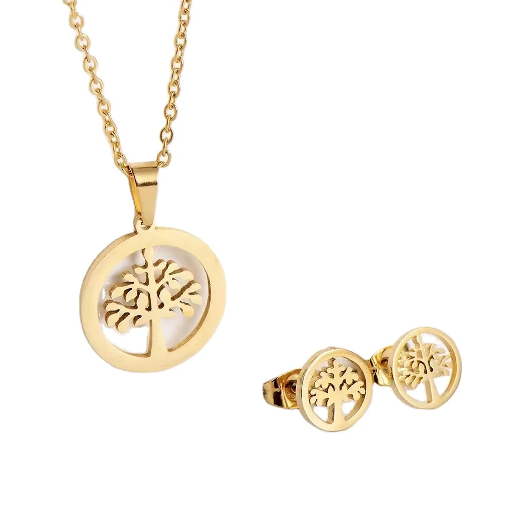 2025 Gold Plated Stainless Steel Tree Pendant Earrings Necklace Jewelry Sets for Wedding Gift Party Engagement for Women Men