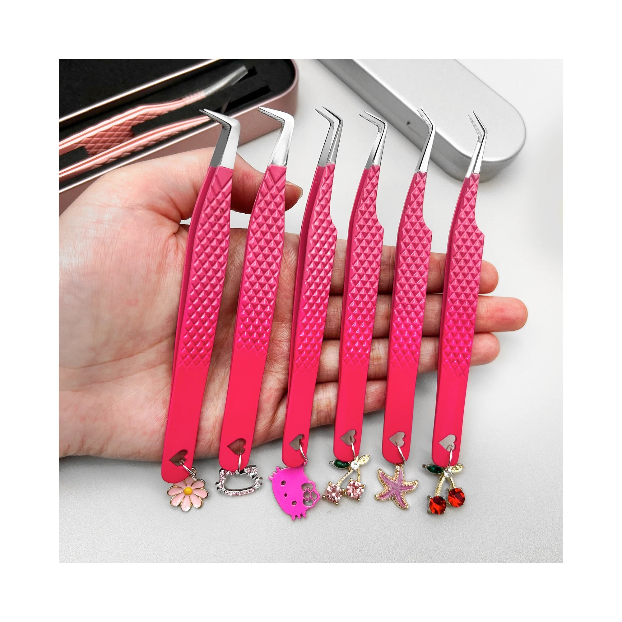 Custom 90 Degree Pink Japanese Stainless-Steel Slanted Eyelash Extension Isolation Tweezers Fiber Tips Tweezers With Charms