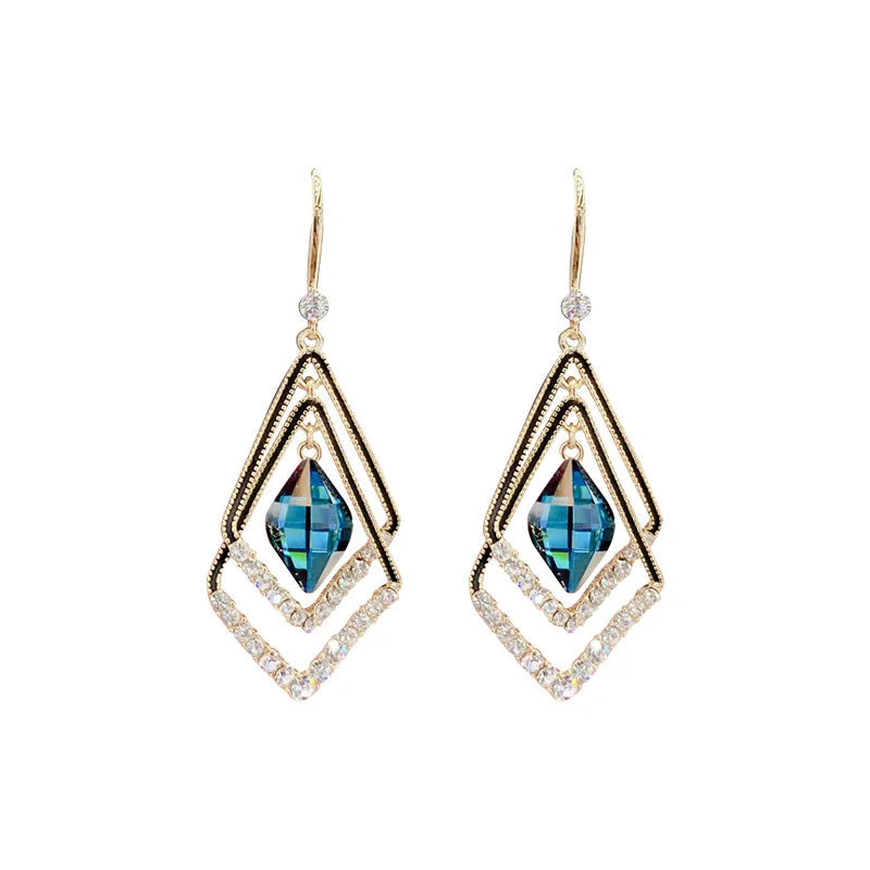 AA00970 New Korean Earrings Fashion Luxury Retro Double-deck Geometry Shining Zircon Inlaid Rhinestone Dangle Earrings
