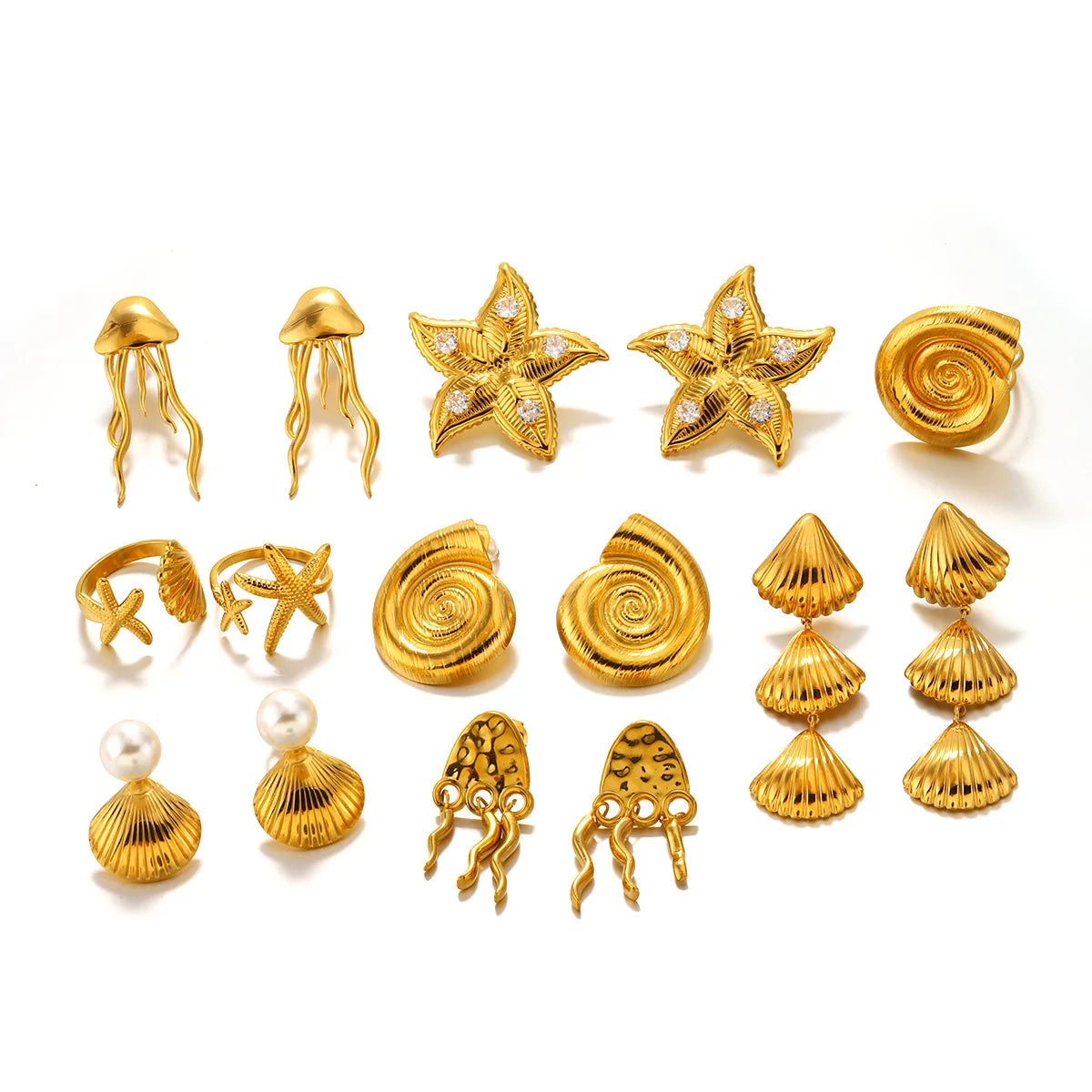 Fashion Pearl Starfish Shell Drop Earrings Stainless Steel 18k Gold Plated Earring Ring Set New Statement Earring Jewelry