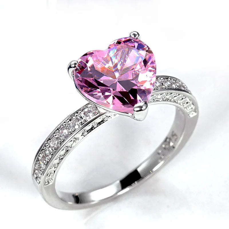 New Wedding Rings Set Heart Shaped Pink Heart Crystal Diamond Zircon Rings for Women's Engagement