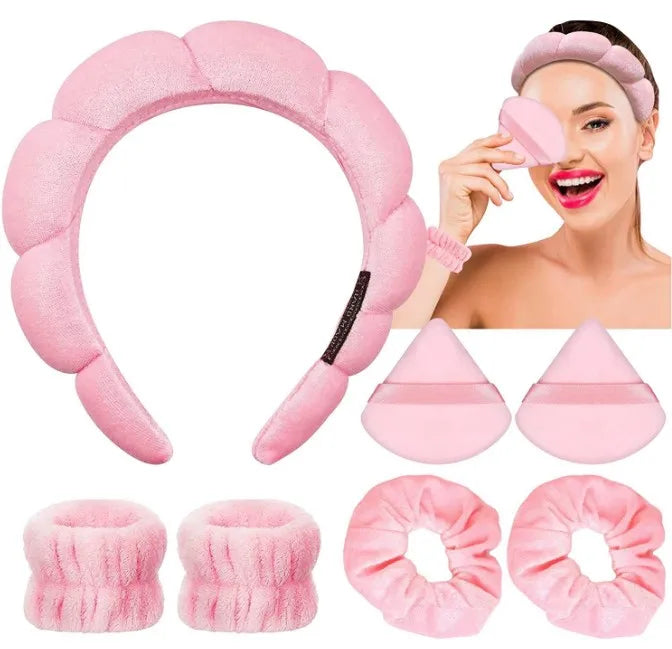 Sponge Spa Headband with 2 Pairs Wristband Set 2PCS Powder Puffs for Face Washing Skincare Mothers Day Gifts