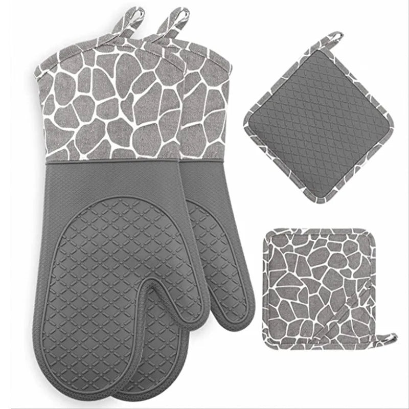 Oven Gloves Set Non-Slip Mat Long Baking Silicone Gloves Heat Resistant Pot Holder Kitchen Cooking Grilling BBQ Oven Mitts