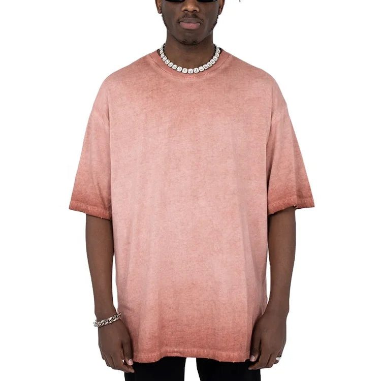 High Street Heavyweight Pigment Dye Washed Oversized Solid Distressed Short Sleeve Drop Shoulder Cotton T-Shirt