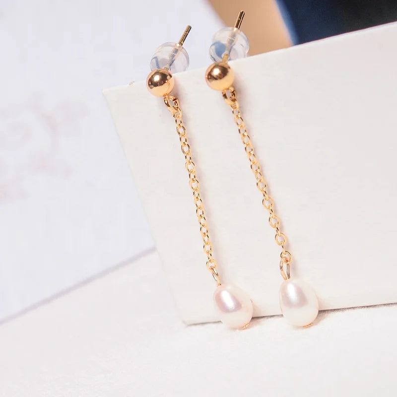 Simple Fashion Women's 5-6 mm White Long Tassel Freshwater Pearl Drop Earrings