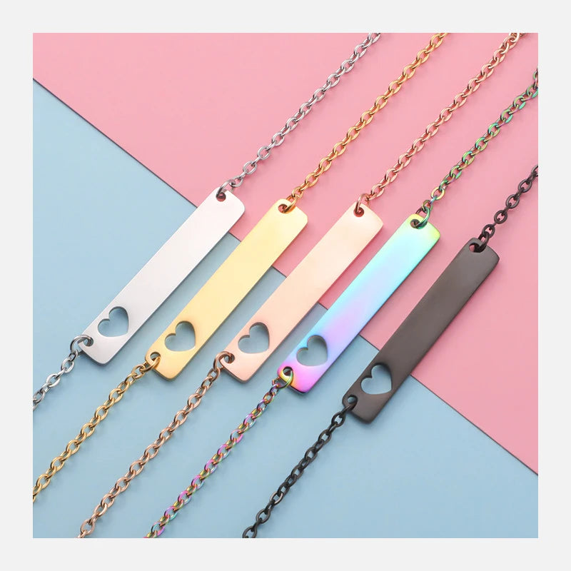 NEWNORTH Trendy Party Stainless Steel Custom Name Personalized Engraved Blank Hollow Heart Pendant Bar Necklace for Women