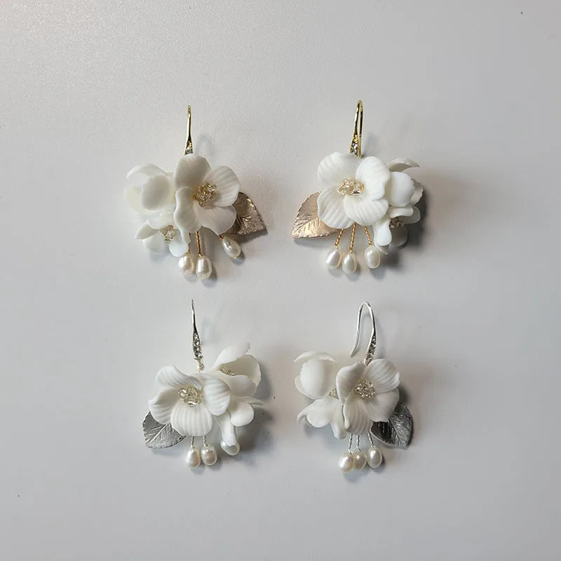 SLBRIDAL Handmade Rhinestones Crystals Freshwater Pearls Porcelain Flower Bridal Dangle Earring Wedding Earring Women Jewelry