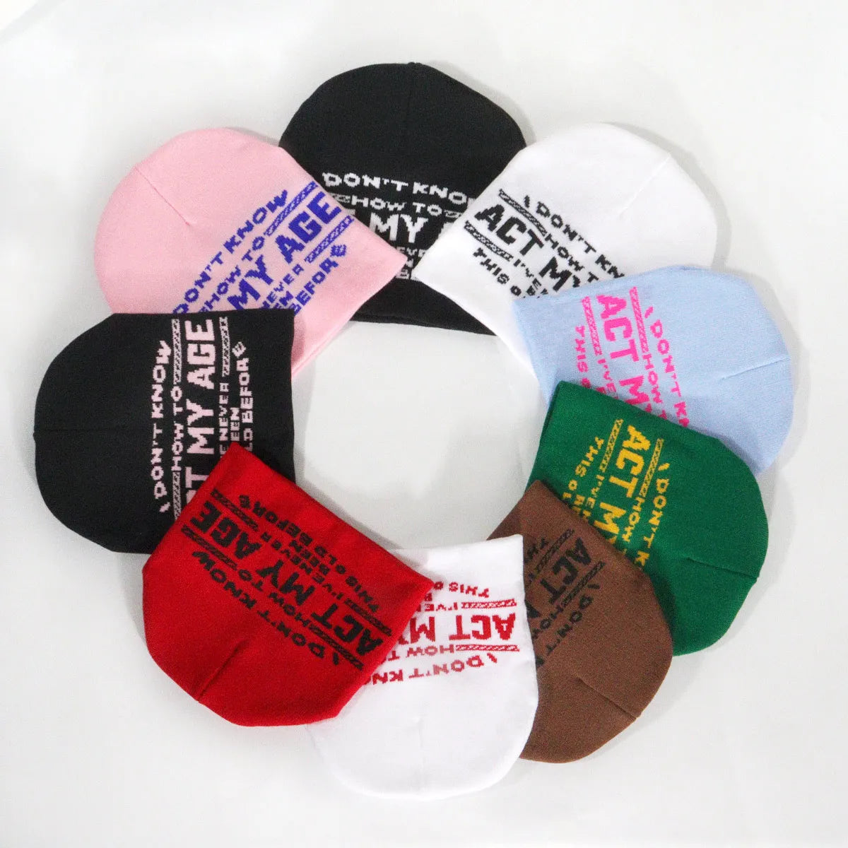 Hot Selling ACT MY AGE Slogan Customized Beanies Jacquard Cuffless Beanie Hats for Teens for Winter Sports Cycling Skiing