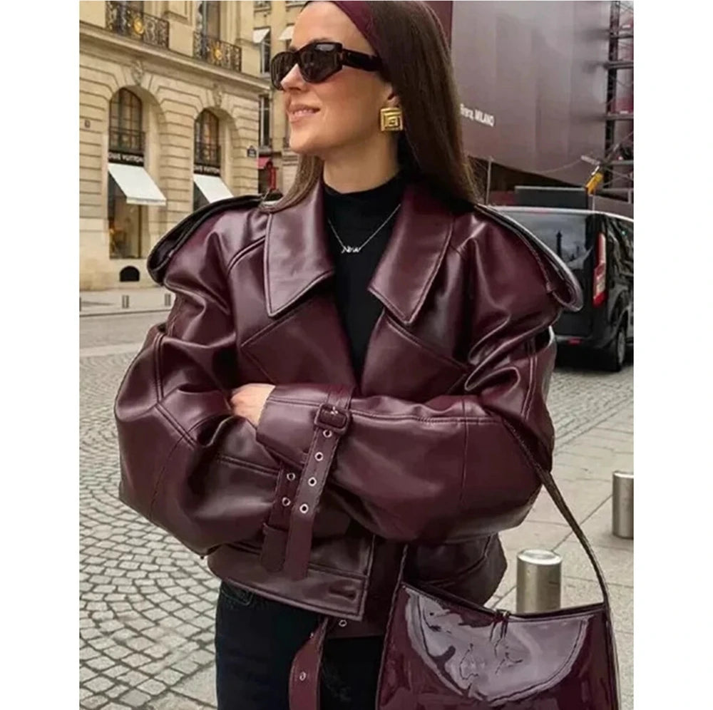 QC24013 New Burgundy Leather Jacket Genuine Leather Coat
