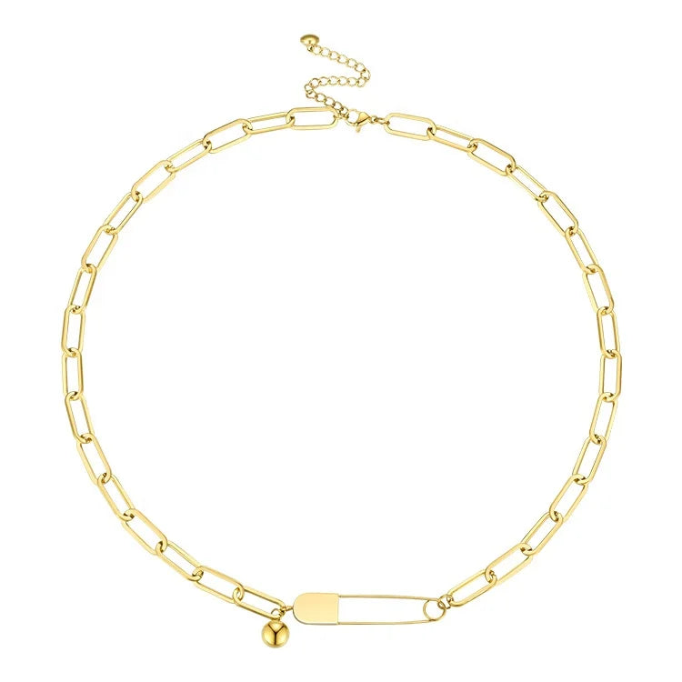 18K Gold Plated Stainless Steel Rectangle Herringbone Chain Women Jewelry Safety Pin Padlock Lock Pendant Necklace P203158
