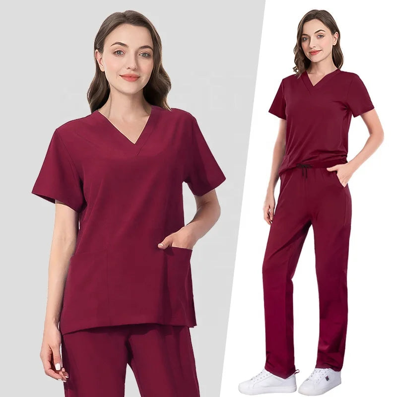 Custom Elastic Quick Dry Women Hospital Dental Operating Room Nurse Uniform Set Scrub Uniform Suits Straight Pants Scrubs Sets