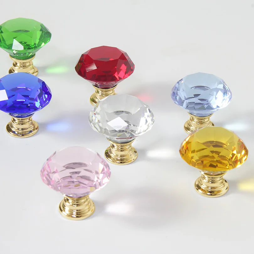 Natural Color 30mm Single Hole Crystal Glass Knobs Diamond Shape Cupboard Pulls for Kitchen Dresser Bedroom Cabinet Door