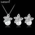 LUOTEEMI Fashion Iced Out Pendant Necklace Earring Cubic Zirconia for Party Glass Pearl Set Jewelry