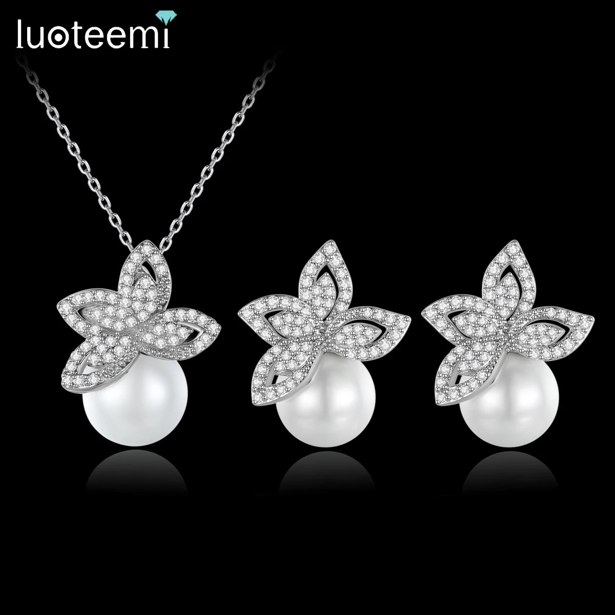 LUOTEEMI Fashion Iced Out Pendant Necklace Earring Cubic Zirconia for Party Glass Pearl Set Jewelry