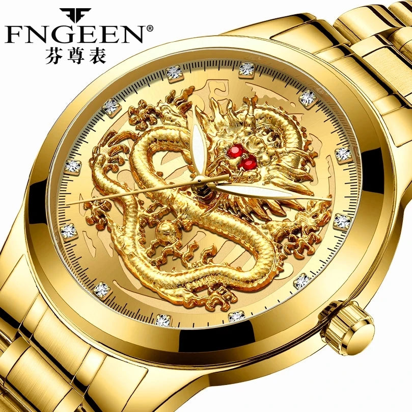 FNGEEN 336 Top Luxury Men Gold Dragon Watch Waterproof Luminous Quartz Watches Mens Alloy Band Hot Selling Clock
