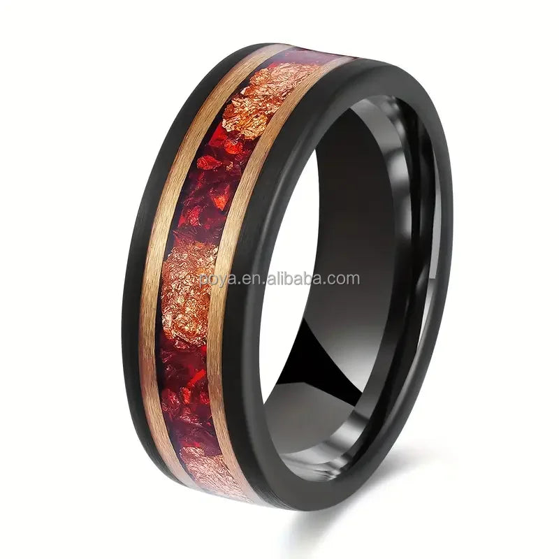 POYA 8mm Black Tungsten Ring with Chunky Glass Stone and Gold Leaf Inlay and Rose Gold Strips for Couple's Wedding or Engagement MegaBDM