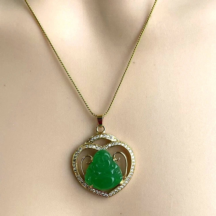 Jialin Jewelry Wholesale Price Women Green Jade Jewelry Buddha Pendant Necklace Jade Heart Necklace Peace Buckle Charming