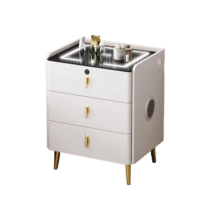 Modern Stainless Steel Sleek Slate Leather Bedside Table Solid Wood LED Light Custom Wholesale for Home Use Bedroom Living Room