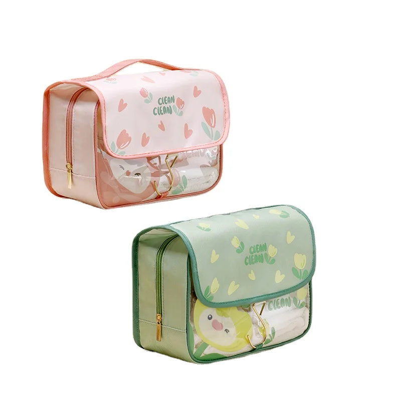 Portable PVC Cosmetic Bags Zipper Cartoon Waterproof Travel Bathroom Toiletries Storage Hook Wash Pouch Personal Belongings