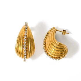 J&D Jewelry 18K Gold Punk Earrings Stainless Steel Hollow Rhinestone Chain Texture Tear Water Drop Earrings