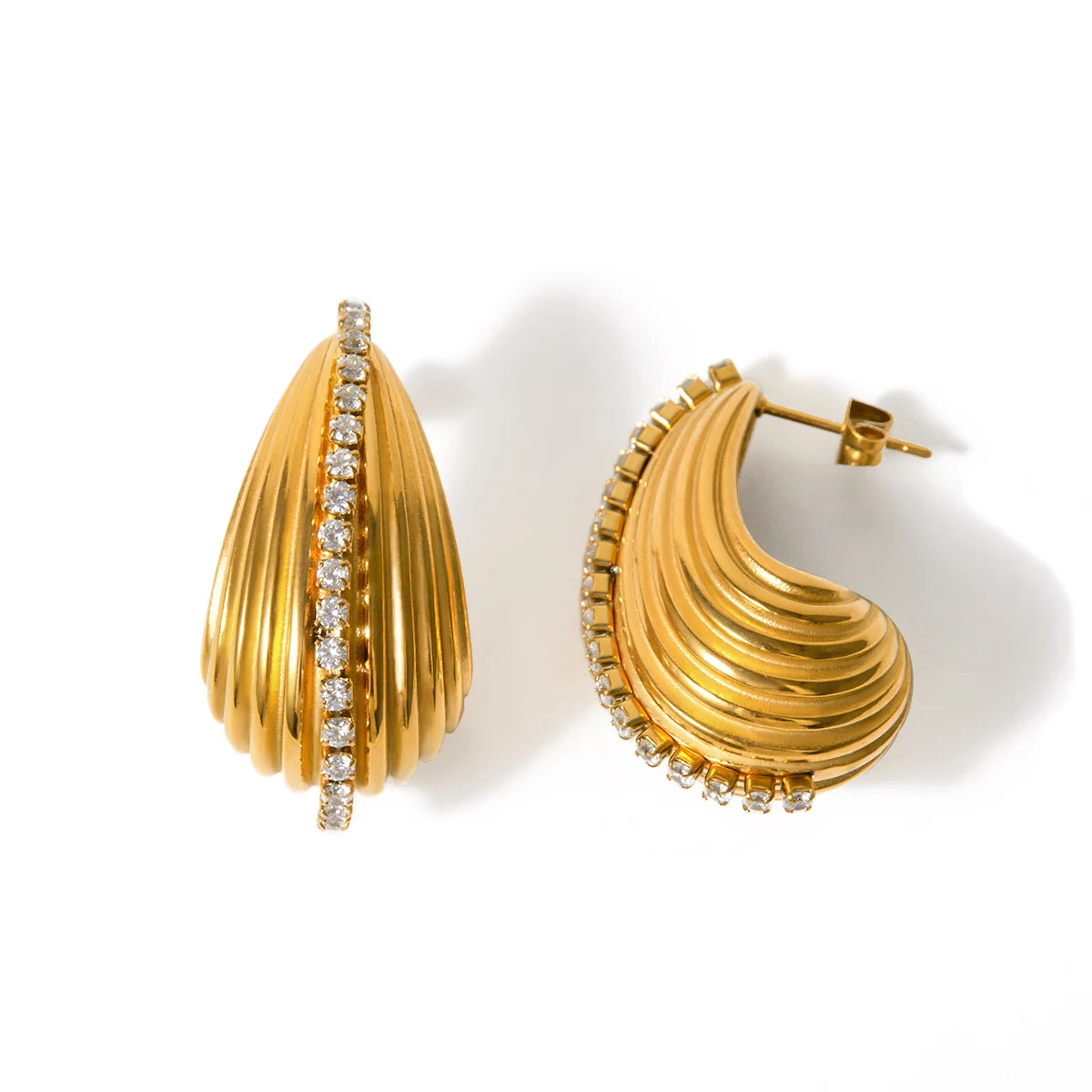 J&D Jewelry 18K Gold Punk Earrings Stainless Steel Hollow Rhinestone Chain Texture Tear Water Drop Earrings
