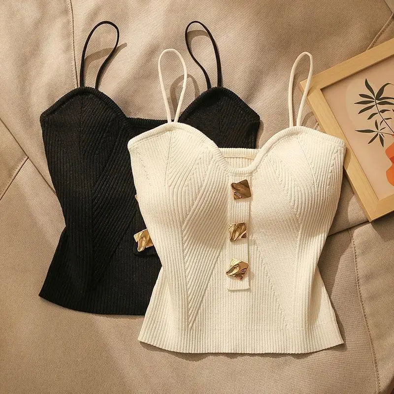Knitted Crop Top Female Solid Color Sling Tops Knitwear Tank Top Sexy Slim Camisole Sleeveless Crop Tops Vest for Women