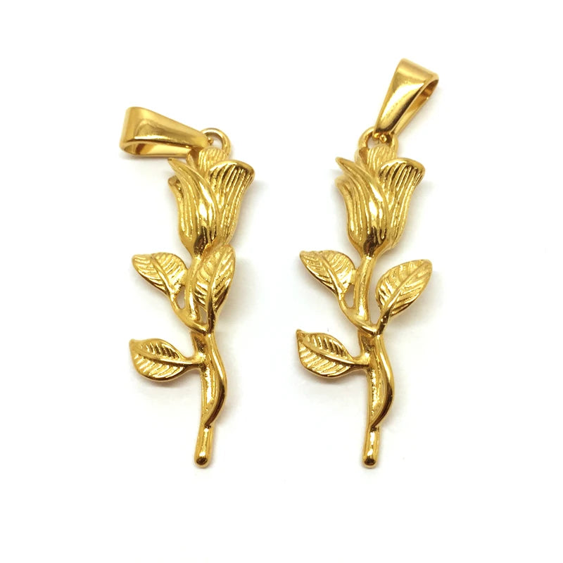 Dainty 18k Gold Rose Flower Pendant Stainless Steel Floral Plant Jewelry Women Rose Gold Charms for Jewelry Making