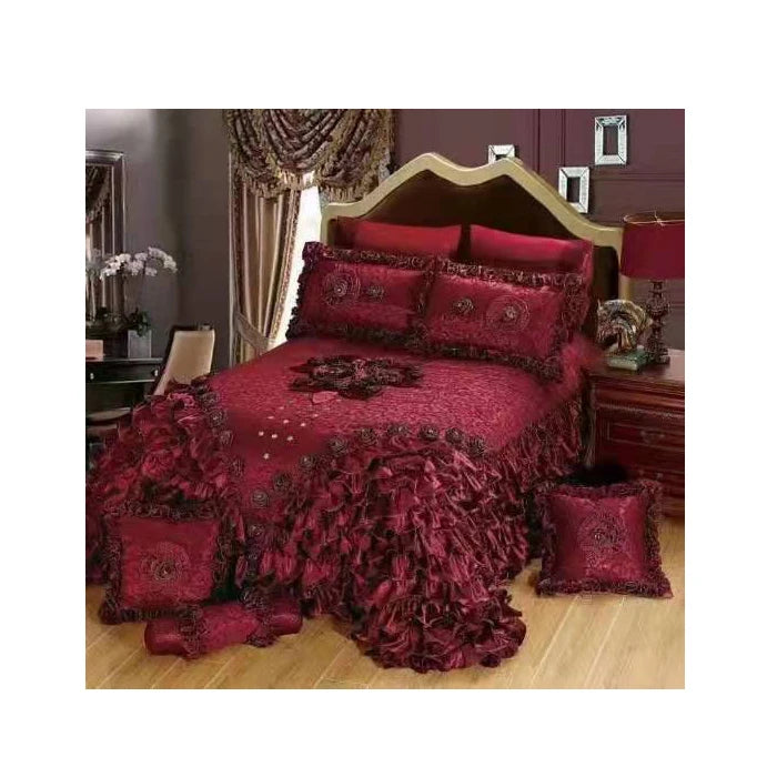 High-Grade Luxury 3-Piece Jacquard Lace Bedding Set 3D Comforter Wedding Style Includes Bed Skirt Pillowcases for Champagne