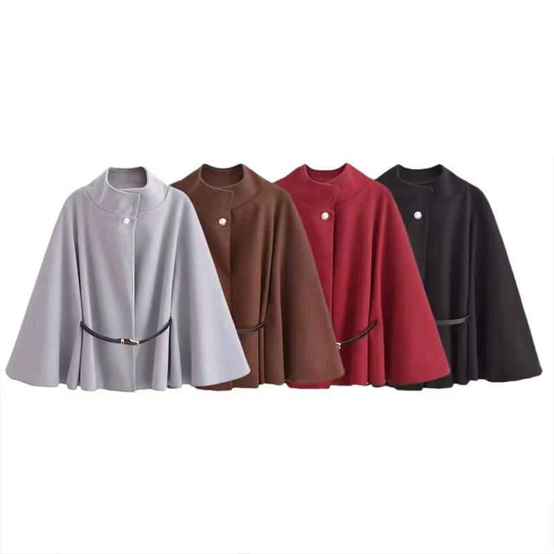 ZATRHMBM Women's Clothing 2024 New Fashion Bat Sleeve Waist Coat Retro Stand Collar Long Sleeve Belt Decoration Loose Coat