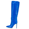 2020 Winter Shoes Large Size Blue PU Leather Pointed Toe Knee High Boots