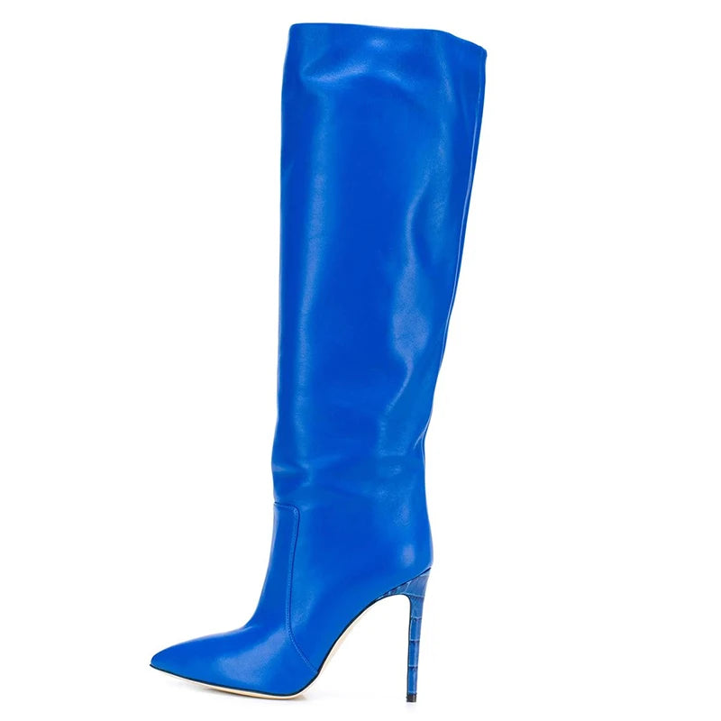 2020 Winter Shoes Large Size Blue PU Leather Pointed Toe Knee High Boots
