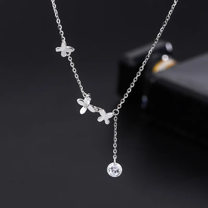 Dainty Jewelry 925 Sterling Silver Zircon Tassel Butterfly Pendant INS Fashion Long Chain Choker Necklace Gift