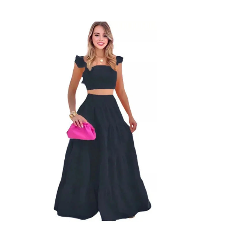 New Arrivals Women's Summer Dress Casual Crop Top and Skirt Set with Lace Decoration Button Closure Drawstring Slit