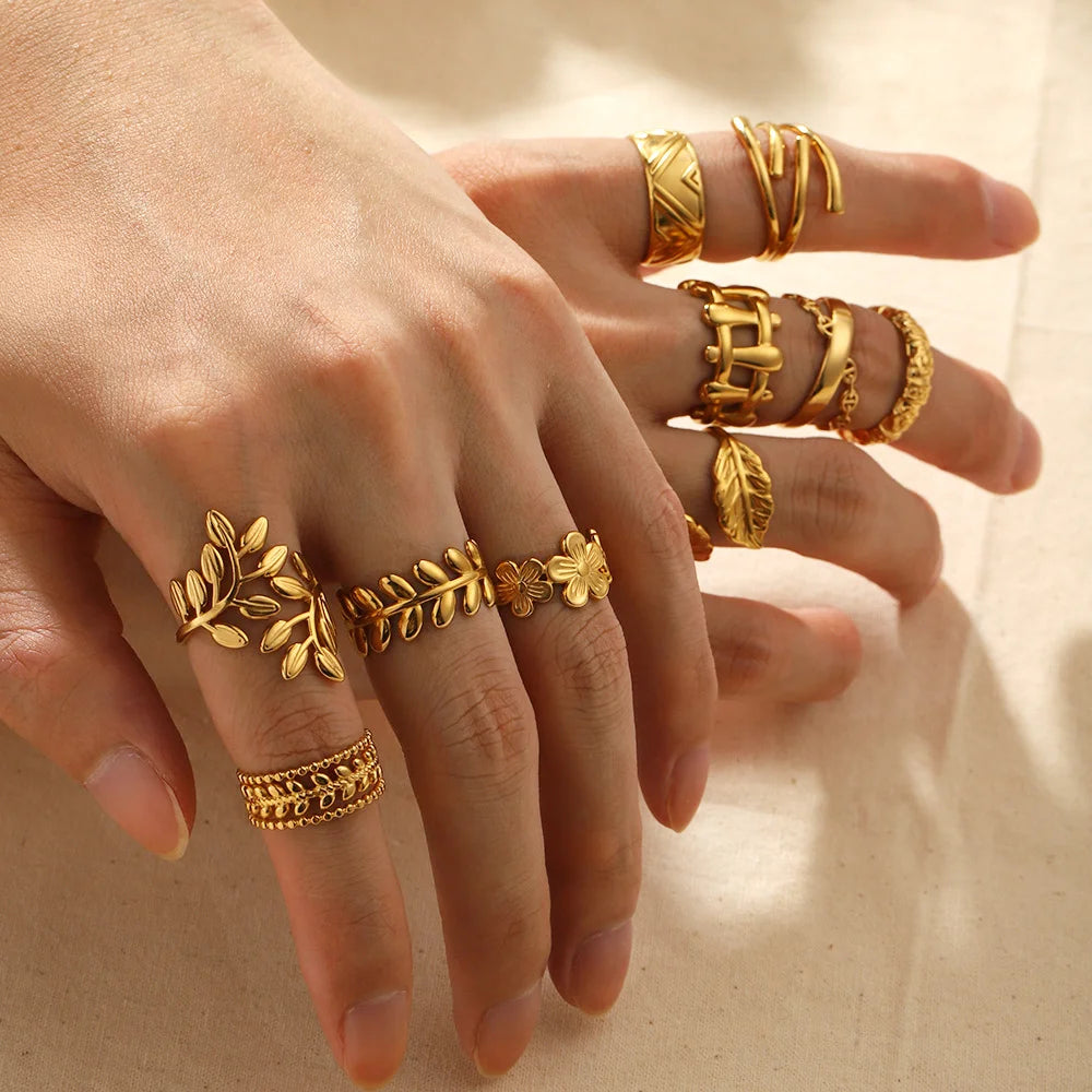 Leaf Geometric Hollow Flower 18k Gold Snake Shape Fashion Jewelry Rings for Women