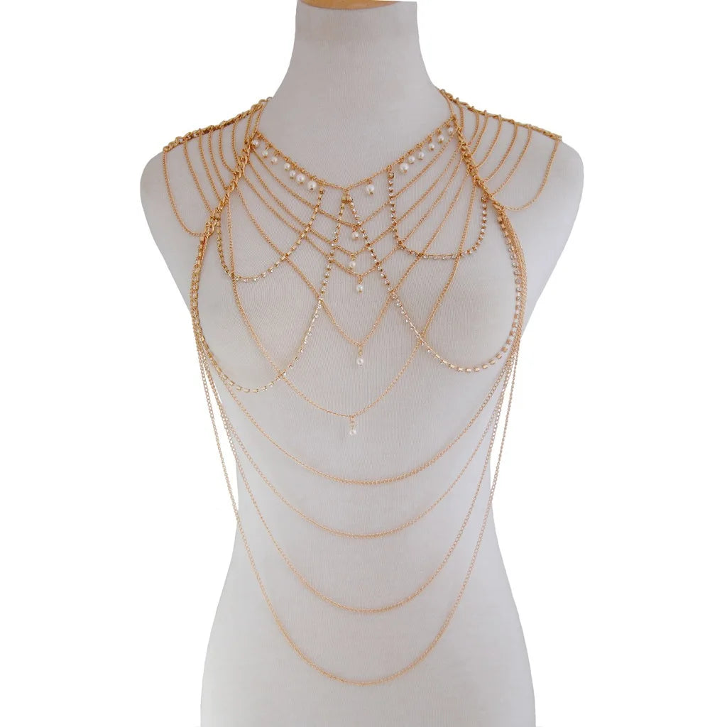 Pearl Alloy Tassel Body Chain Multi-layer Long Statement Rhinestone Chest Shoulder Chains