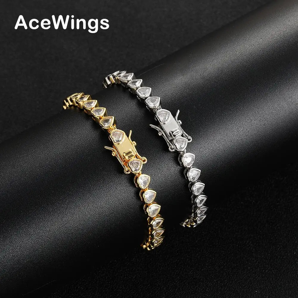 BB227 AceWings Hip Hop Tennis Heart Shape CZ Stone Silver/Gold Plated Unisex Bracelet