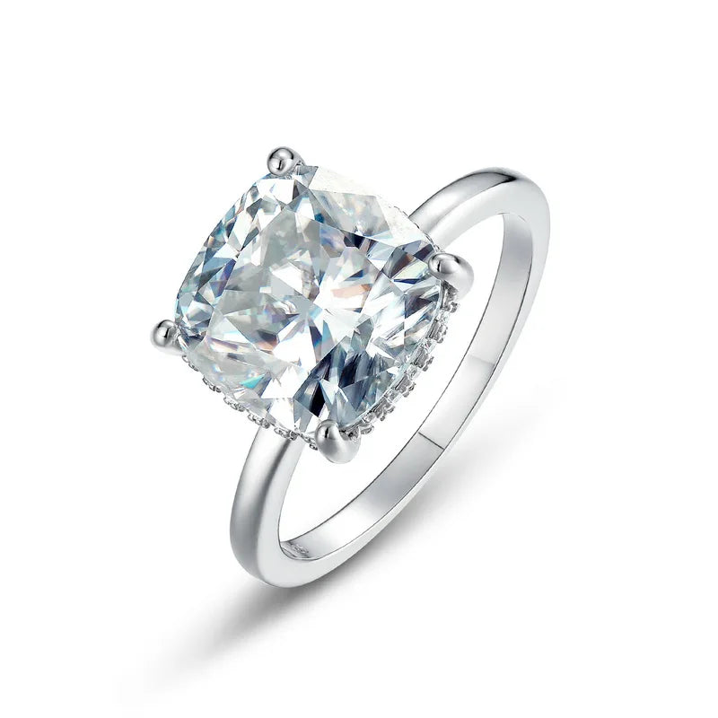 S925 Cushion Cut Moissanite Ring VVS Hidden Halo Solitaire Engagement Ring Minimalist Promise Wedding Ring for Women MegaBDM