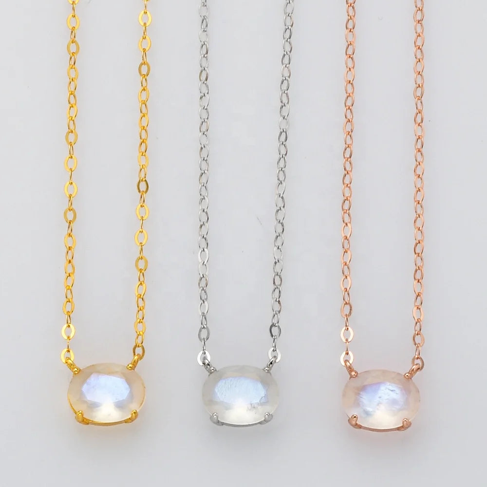 Gold Plated Women 925 Sterling Silver Vermeil Fine Jewelry Natural rainbow Moon Stone Pendant Necklace