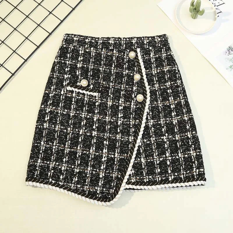Tweed Skirts for Women Solid High Waist Slimming Skirts Autumn Spring 2024 Buttons Double Breasted Tweed Wool Mini Skirt