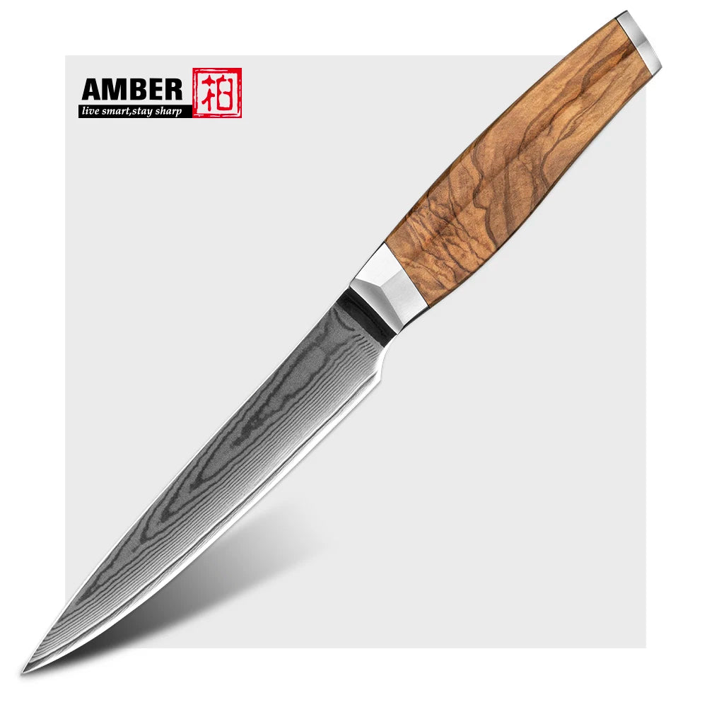 Amber Olive Wood Handle Quality 5.5" Paring Kitchen Knife Fruit Carving Knife Damascus Steel Kitchen Utility Knife