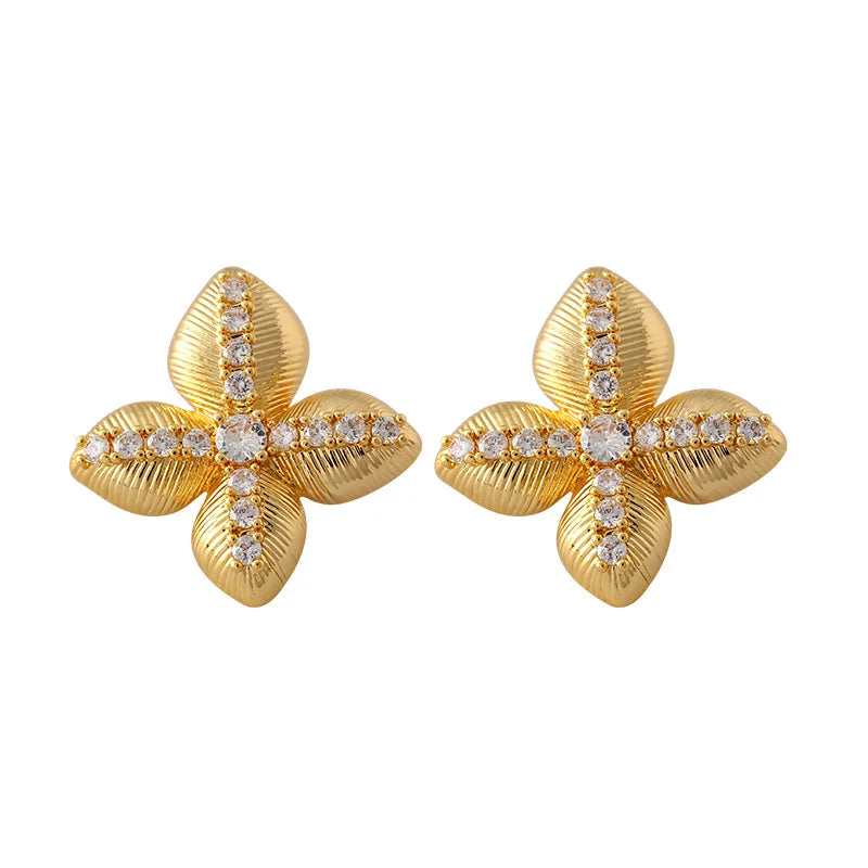 Hypoallergenic Waterproof Vintage Crystal Flower Stud Earrings Luxury 18k Gold Plated Stainless Steel for Women Jewelry