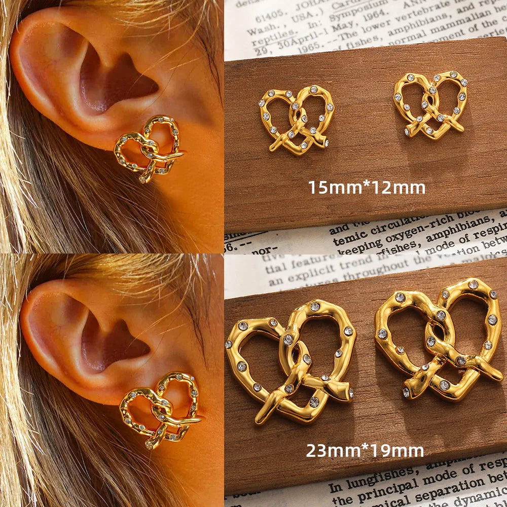 Minimalist Style Stainless Steel Fashion Stud Earrings for Women Alkaline Water Knotted Bread-Shaped Zircon Insert Trendy Hoop