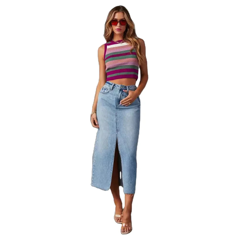 2024 Fashion Women's Denim Skirt Summer High Waist Skirt Streetwear Split Long Denim Skirts for Women