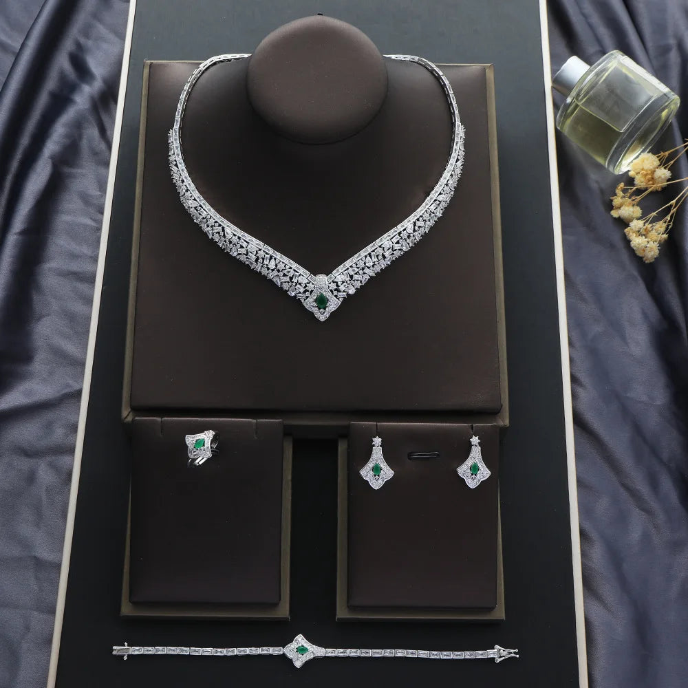 4pcs Bridal Green Zirconia Full Jewelry Sets for Women Party Luxury Dubai Nigeria CZ Crystal Wedding Jewelry Sets