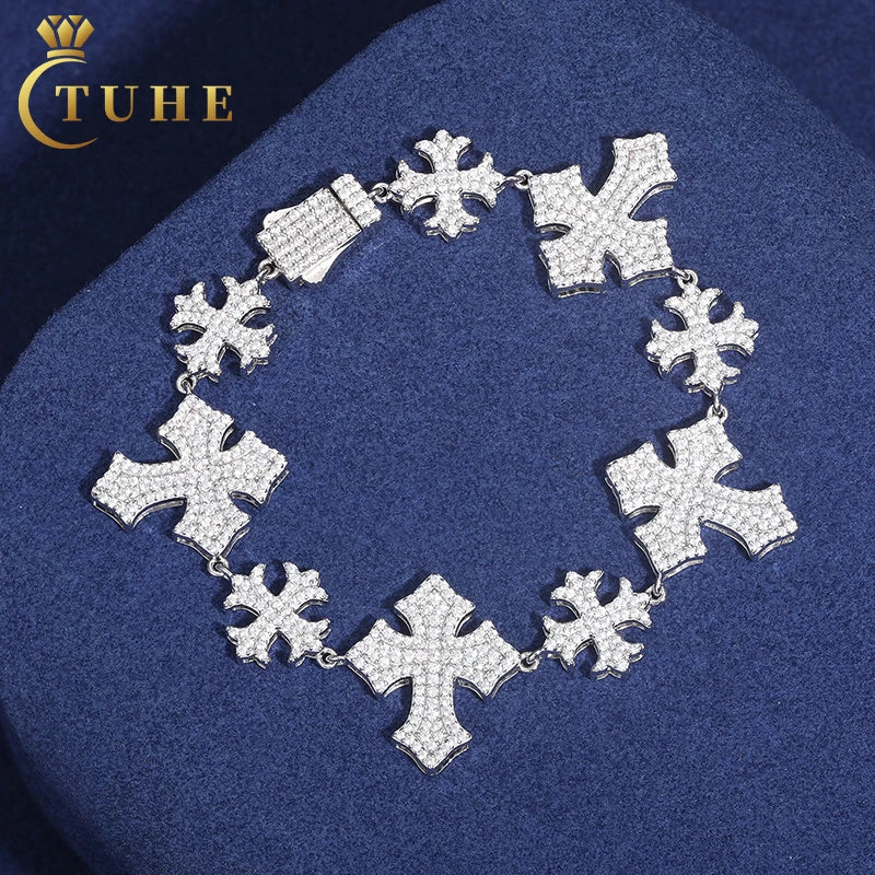 New Design 925 Sterling Silver Micro Pave Hip Hop Iced Out Jewelry Vvs Moissanite Diamond Men Cross Bracelet