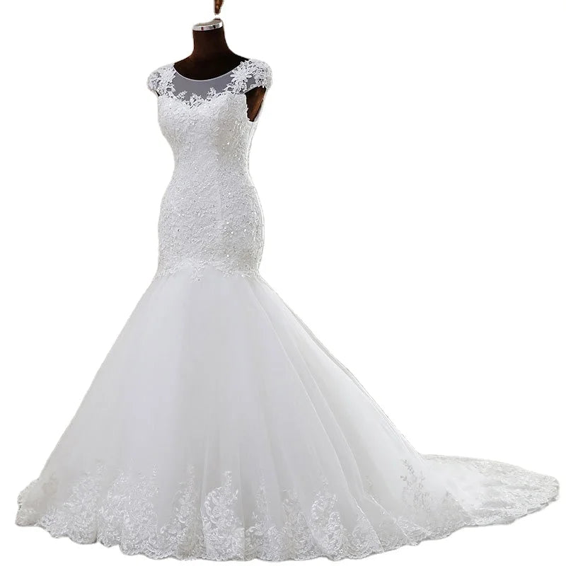 Guangzhou Auyan 2024 White Long Lace Tail Waist French Appliques Lehnga Choli Party Wear Wedding Dress Manufacturers