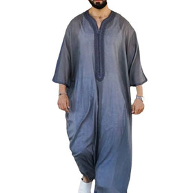 M-4XL Middle Eastern Youth Casual Cotton and Linen Muslim Robe Loose Fitting Thin Linen Grey Muslim Robe
