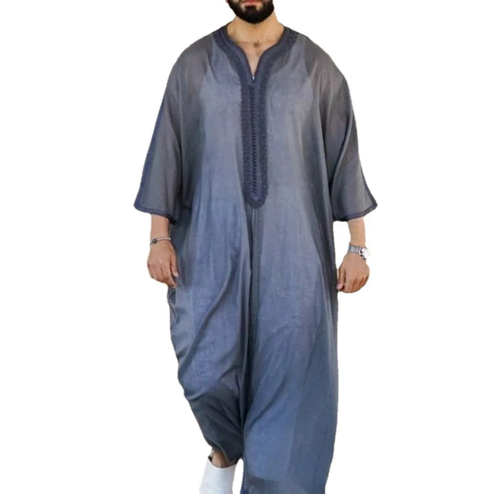 M-4XL Middle Eastern Youth Casual Cotton and Linen Muslim Robe Loose Fitting Thin Linen Grey Muslim Robe